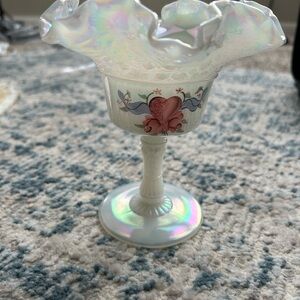 FENTON Iridescent Ruffled Compote with Heart Motif